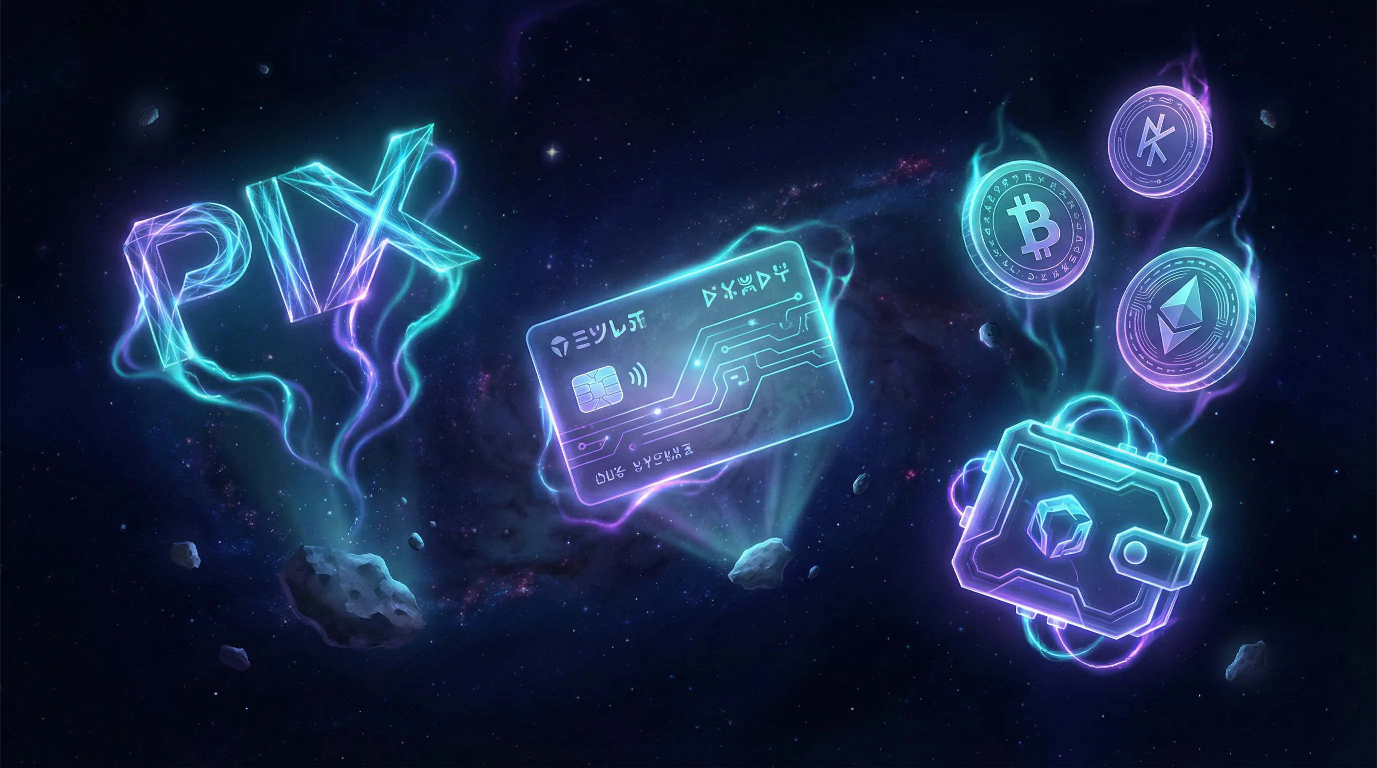 Métodos de pagamento futuristas incluindo PIX, cartões e criptomoedas